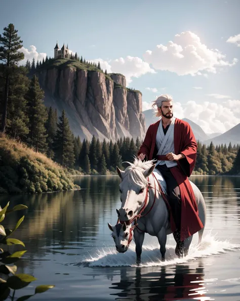 ((masterpiece), best quality, high quality, professional quality, highly detailed, highres, perfect lighting, natural lighting), (1boy, muscular, handsome, facial hair, short hair, white hair), wearing wizard robes, riding a dragon, by a lake