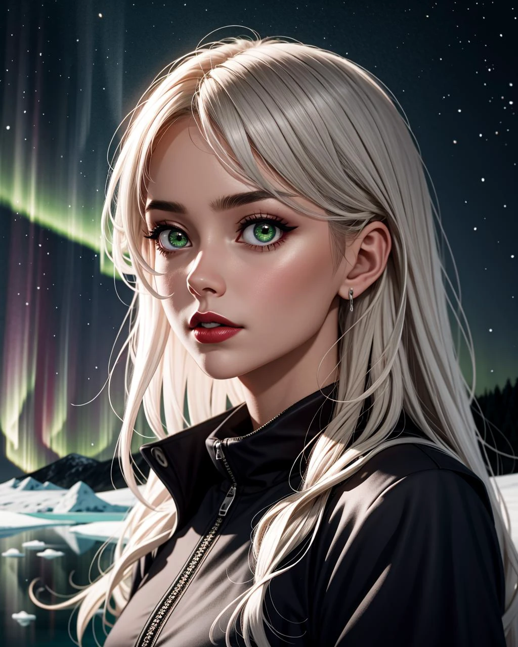 ((masterpiece), best quality, high quality, professional quality, highly detailed, highres, perfect lighting, natural lighting), portrait, chilling, Mysterious winged creature with glowing eyes, Olive Skin, Brunette with long layers and side-swept bangs, black sheer lipstick, with northern lights in the background,Druid, Sheikh, Short, Athletic, Triangular Face, Fair Skin, White Hair, Green Eyes, [[Curved Nose]], Pouty Lips, Prominent Chin, Chinstrap, Crew Cut, Quiff, A frozen tundra, with icy peaks and frozen lakes stretching as far as the eye can see