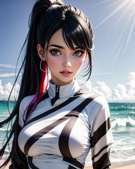 ((masterpiece), best quality, high quality, professional quality, highly detailed, highres, perfect lighting, natural lighting), (1girl, beautiful, medium breasts, (multicolored hair, black hair,silver hair,white hair, long hair, high ponytail), perfecteyes eyes), (wearing zebra print, extremelyBeautiful_beautifulclotheswild/Extremely beautiful clothes), on the beach, walking the boardwalk, <lyco:locon_perfecteyes_v1_from_v1_64_32:0.6>