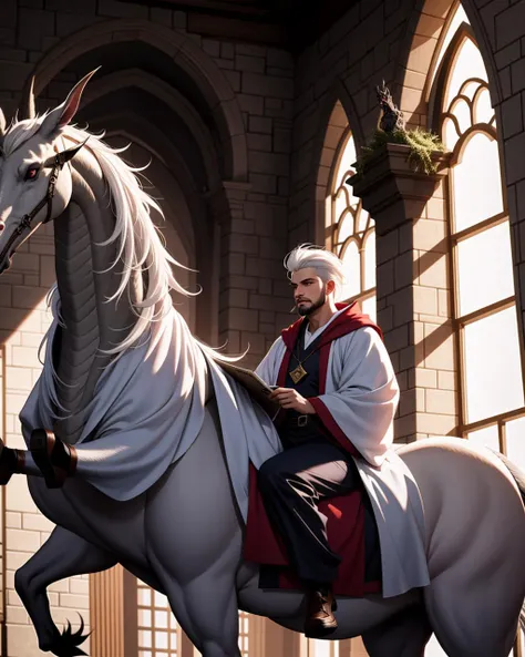 ((masterpiece), best quality, high quality, professional quality, highly detailed, highres, perfect lighting, natural lighting), (1boy, muscular, handsome, facial hair, short hair, white hair), wearing wizard robes, riding a dragon, in a castle