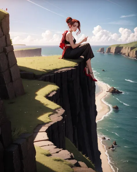 ((masterpiece), best quality, high quality, professional quality, highly detailed, highres, perfect lighting, natural lighting), otherworldly, Devoted follower of an ancient cult, Olive Skin, Redhead with a messy bun and loose strands, red velvet lipstick, A weathered, tattered map leading to a forbidden and treacherous location,Monk, Hero, Average Height, Chubby, Diamond-Shaped Face, Olive Skin, Chestnut Hair, Hazel Eyes with Green Flecks, Wide Nose, Thin Lips, Prominent Chin, Anchor, Shoulder-length, Buzz Cut, A sprawling castle, perched high on a rocky cliff overlooking the sea