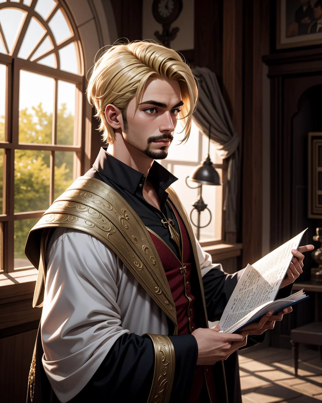 ((masterpiece), best quality, high quality, professional quality, highly detailed, highres, perfect lighting, natural lighting), (1boy, muscular, handsome, facial hair, short hair, blonde hair), wearing fantasy clothing, casting a spell, on a battlefield
