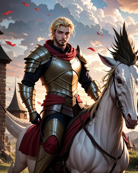 ((masterpiece), best quality, high quality, professional quality, highly detailed, highres, perfect lighting, natural lighting), (1boy, muscular, handsome, facial hair, short hair, blonde hair), wearing armor, riding a dragon, in a fantasy town