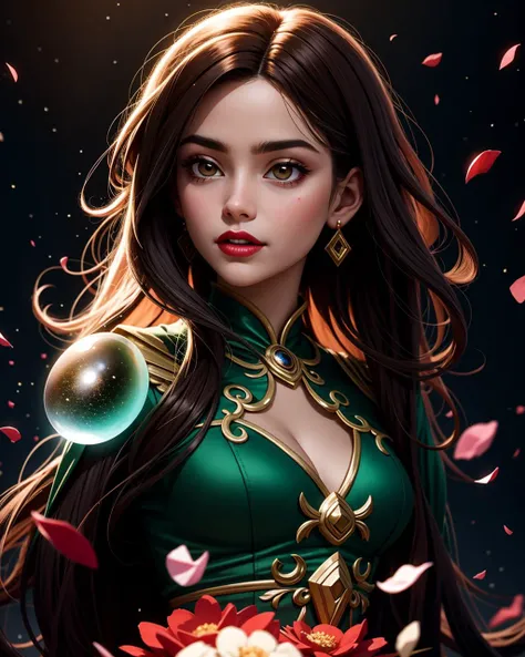 ((masterpiece), best quality, high quality, professional quality, highly detailed, highres, perfect lighting, natural lighting), An ethereal creation that transcends reality, transporting the viewer to a dreamlike realm, Rose, Within a shimmering sanctuary, a garden of dreams materializes, its iridescent blooms and shimmering petals a vision of pure fantasy, Quartz, Radiant luster that emits a vibrant and energetic glow, Attired, Goddess, Tall, Skinny, Oval Face, Dark Skin, Light Brown Hair, gold Eyes, Wide Nose, Full Lips, Prominent Chin, Shoulder-Length Hair, Straight Hair, Straight Bob, large breasts, , green satin lipstick,levitating, innovative time-travel device, A small, rocky moon orbiting a gas giant, with a network of subterranean tunnels carved by ancient inhabitants., Ice Planet, werewolf, manticore, chimera