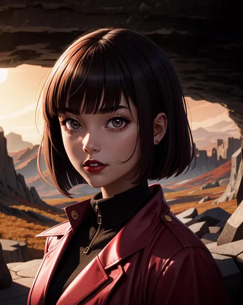 ((masterpiece), best quality, high quality, professional quality, highly detailed, highres, perfect lighting, natural lighting), gliding, desolate post-apocalyptic wasteland, A rocky, mountainous planet with deep canyons and massive cave systems, inhabited by bioluminescent creatures., Desert Planet, basilisk, unicorn, werewolf,portrait, ghostly, vengeful malevolent spirit, Dark Skin, Brunette with side-swept bangs and a layered bob cut, magenta stain lipstick, with autumn leaves in the foreground