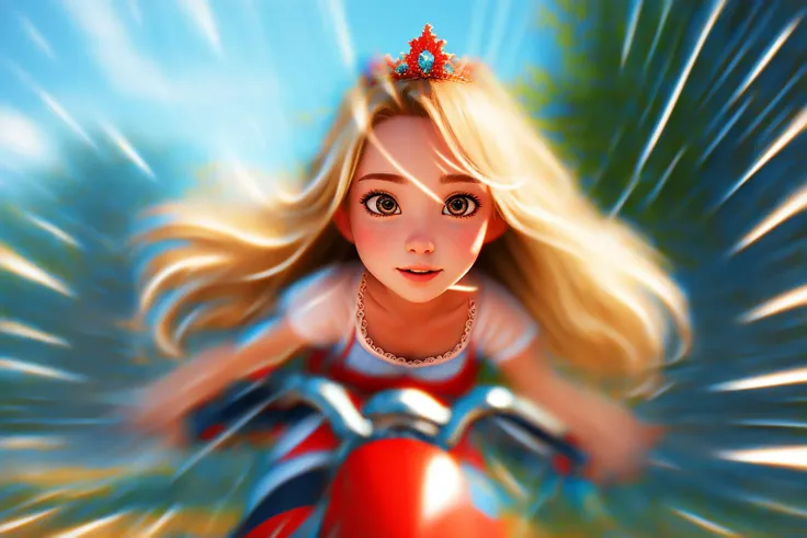 1 girl, coral eyes, medium blonde long hair, character focus, looking up, solo, half shot, outdoors, detailed face, royal  monarch,   riding, riding a bicycle, symmetrical composition, sidelighting, cinematic atmosphere,   royal crown,   <lora:motion:1.7>