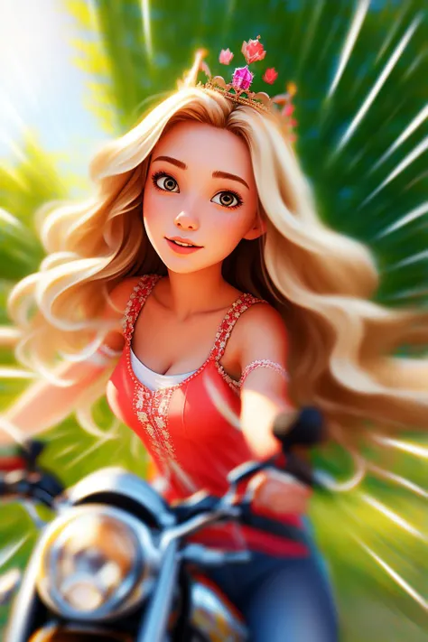 1 girl, coral eyes, medium blonde long hair, looking up, solo, outdoors, detailed face, royal  monarch,    riding motorcycle:1.5   royal crown,  <lora:motion:1.2>