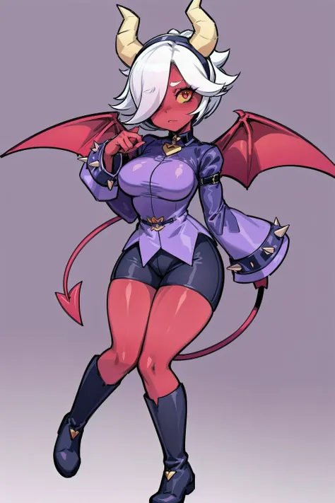 (masterpiece, best quality), trixie colette, 1girl, solo, demon girl, colored skin, (red skin, red eyes:1.2), colored sclera, yellow sclera, short hair, ponytail, white hair, (hair over one eye), demon tail, demon horns, demon wings, medium breasts, hairband, choker, shirt, spikes, long sleeves, sleeves past fingers, sleeves past wrists, shorts, boots, knee boots, <lora:Trixie_Colette__Brawl_Stars_V1.0:0.7>, <lora:add_detail:0.5>