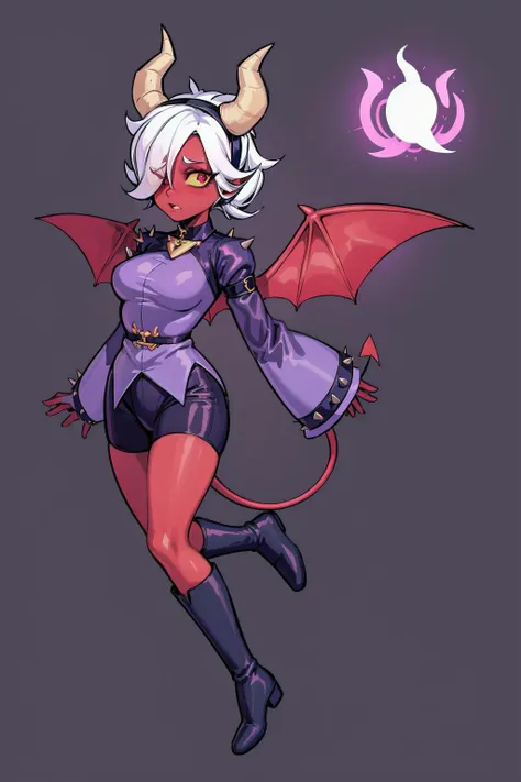 (masterpiece, best quality), trixie colette, 1girl, solo, demon girl, colored skin, (red skin, red eyes:1.2), colored sclera, yellow sclera, short hair, ponytail, white hair, (hair over one eye), demon tail, demon horns, demon wings, medium breasts, hairband, choker, shirt, spikes, long sleeves, sleeves past fingers, sleeves past wrists, shorts, boots, knee boots, <lora:Trixie_Colette__Brawl_Stars_V1.0:0.7>, <lora:add_detail:0.5>