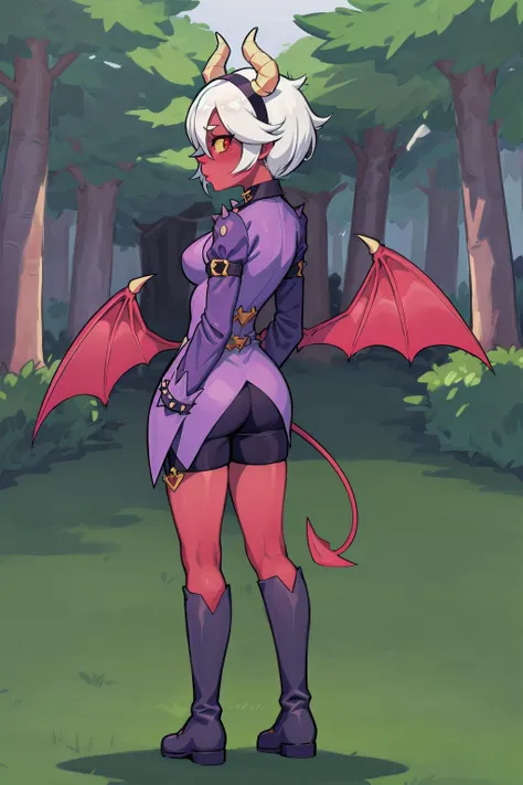 (masterpiece, best quality), trixie colette, 1girl, solo, demon girl, colored skin, (red skin, red eyes:1.2), colored sclera, yellow sclera, short hair, ponytail, white hair, (hair over one eye), demon tail, demon horns, demon wings, medium breasts, hairband, choker, shirt, spikes, long sleeves, sleeves past fingers, sleeves past wrists, shorts, boots, knee boots, <lora:Trixie_Colette__Brawl_Stars_V1.0:0.7>, <lora:add_detail:0.5>, (standing, outdoors, trees, from behind)