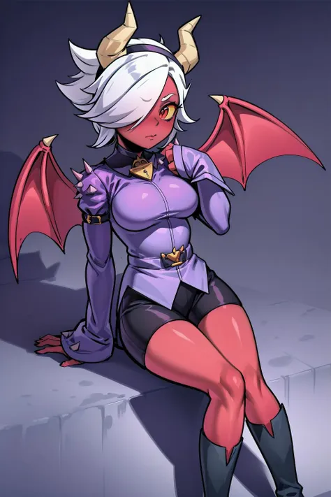 (masterpiece, best quality), trixie colette, 1girl, solo, demon girl, colored skin, (red skin, red eyes:1.2), colored sclera, yellow sclera, short hair, ponytail, white hair, (hair over one eye), demon tail, demon horns, demon wings, medium breasts, hairband, choker, shirt, spikes, long sleeves, sleeves past fingers, sleeves past wrists, shorts, boots, knee boots, <lora:Trixie_Colette__Brawl_Stars_V1.0:0.7>, <lora:add_detail:0.5>