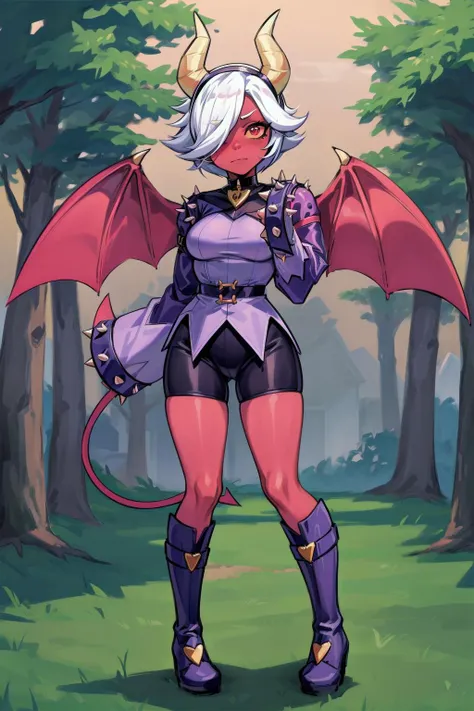 (masterpiece, best quality), trixie colette, 1girl, solo, demon girl, colored skin, (red skin, red eyes:1.2), colored sclera, yellow sclera, short hair, ponytail, white hair, (hair over one eye), demon tail, demon horns, demon wings, medium breasts, hairband, choker, shirt, spikes, long sleeves, sleeves past fingers, sleeves past wrists, shorts, boots, knee boots, <lora:Trixie_Colette__Brawl_Stars_V1.0:0.7>, <lora:add_detail:0.5>, (standing, outdoors, trees)