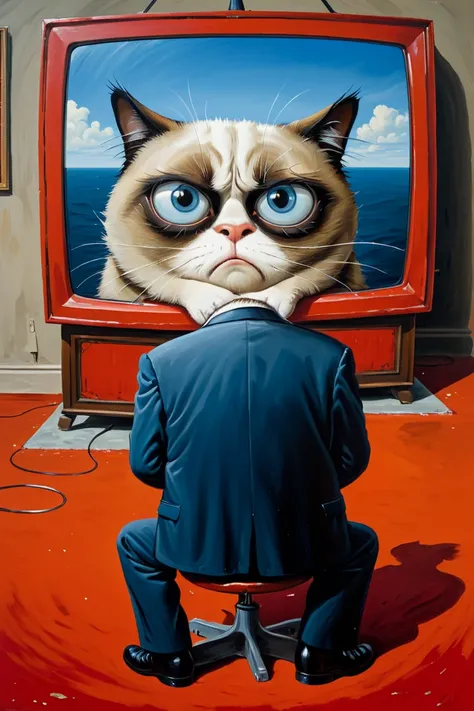 immensely disgusted grumpy cat watching CNN channel on gigantic tv set, <lora:LojkinXL:0.4> oil paint by Vasily Lozhkin, <lora:FF-Style-Rafal-Olbinski.LORA:0.75> art by Rafal Olbinski,