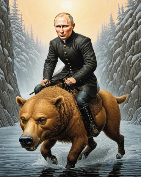 <lora:FF-Style-Rafal-Olbinski.LORA:1.4><lora:DiTerlizziArtAIcc:0.45> art by Tony DiTerlizzi, diterlizziartai, art by Rafal Olbinski, (bare-chested:1.4) Vladimir Putin riding a bear bareback in Siberia, bridle, ford a river, hyper-detailed, epic composition, evening, rim light, fog, volumetric light, golden hour light <lora:!action-sdxl-V0.5:1>