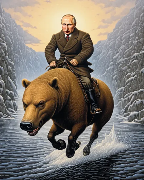 <lora:FF-Style-Rafal-Olbinski.LORA:1.4><lora:DiTerlizziArtAIcc:0.45> art by Tony DiTerlizzi, diterlizziartai, art by Rafal Olbinski, (bare-chested:1.4) Vladimir Putin riding a bear bareback in Siberia, bridle, ford a river, hyper-detailed, epic composition, evening, rim light, fog, volumetric light, golden hour light <lora:!action-sdxl-V0.5:1>