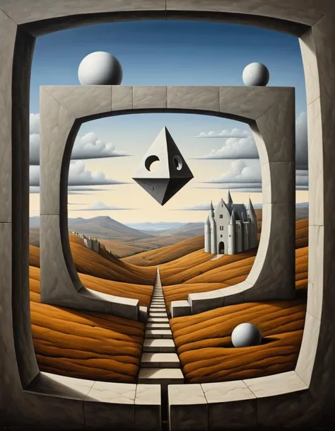 Cubist artwork <lora:FF-Style-Rafal-Olbinski.LORA:1> in the style of rafal olbinski,rafal olbinski style, concept art, landscape of a Gloomy Mdina from inside of The Scottish Highlands, mechanical at Golden hour, Visual novel, stylized, rafal olbinski, rafal olbinski art . Geometric shapes, abstract, innovative, revolutionary