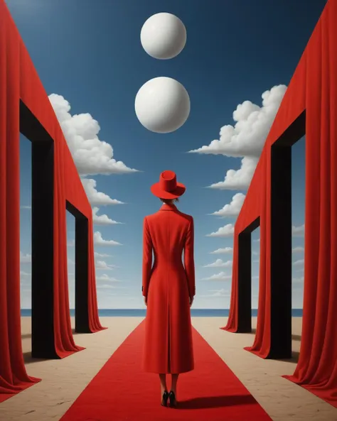 Surrealist art <lora:FF-Style-Rafal-Olbinski.LORA:1> in the style of rafal olbinski,rafal olbinski style,rafal olbinski art,rafal olbinskia red coat on a red carpet, inspired by Rafal Olbinski, surreal illustration, surreal scene, alex andreev, surreal atmosphere, dreamlike surrealism, in style of rene magritte, neosurrealism digital art, surreal art, emotional surrealist art, surrealism background, epic mysterious surrealism, by Krzysztof Boguszewski . Dreamlike, mysterious, provocative, symbolic, intricate, detailed