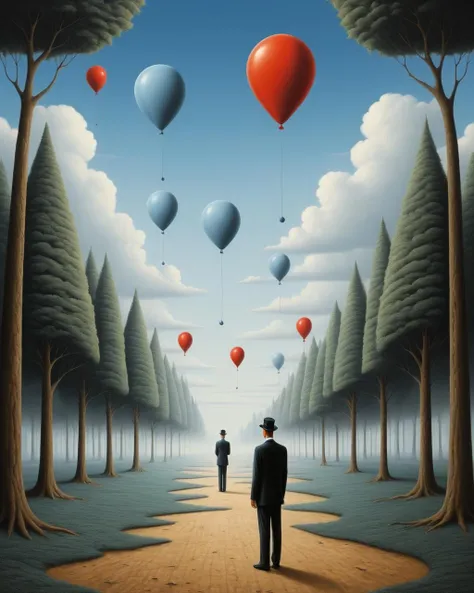 Surrealist art <lora:FF-Style-Rafal-Olbinski.LORA:1> in the style of rafal olbinski,rafal olbinski style,rafal olbinski art,rafal olbinskia man standing in a forest with balloons floating in the air, epic surrealism 8k oil painting, 4 k surrealism, surreal illustration, surreal concept art, dreamlike surrealism, surreal digital art, surreal art, illusion surreal art, surrealism art, surrealism background, surreal painting, surrealism 8k, surrealistic digital artwork, surreal gediminas pranckevicius . Dreamlike, mysterious, provocative, symbolic, intricate, detailed