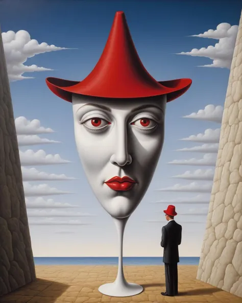 Surrealist art <lora:FF-Style-Rafal-Olbinski.LORA:1> in the style of rafal olbinski,rafal olbinski style,rafal olbinski art,rafal olbinskia painting of a man with a red hat and glasses, pop surrealism, whimsical surrealism, surreal art, absurdist art, neo surrealism, inspired by Rafal Olbinski, art in an absurdist style, satirical painting, by Rafal Olbinski, jacek yerka and vladimir kush, epic surrealism, surreal painting, surrealism art, pop surrealism . Dreamlike, mysterious, provocative, symbolic, intricate, detailed