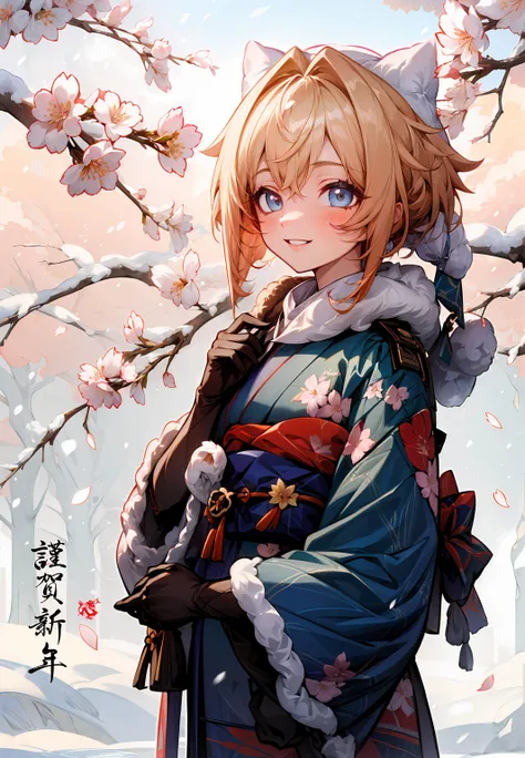 ((masterpiece,best quality)), 1girl, lynx landau, long kimono, long sleeves, fur trim, floral print, smile, petals, cherry blossoms, snow, simple background,