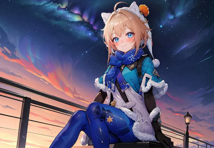 ((masterpiece,best quality)), highres, 1girl, lynx landau, white hat, elbow gloves, blue scarf, blue pantyhose, starry sky, railing, smile, blush, closed mouth, sitting,
