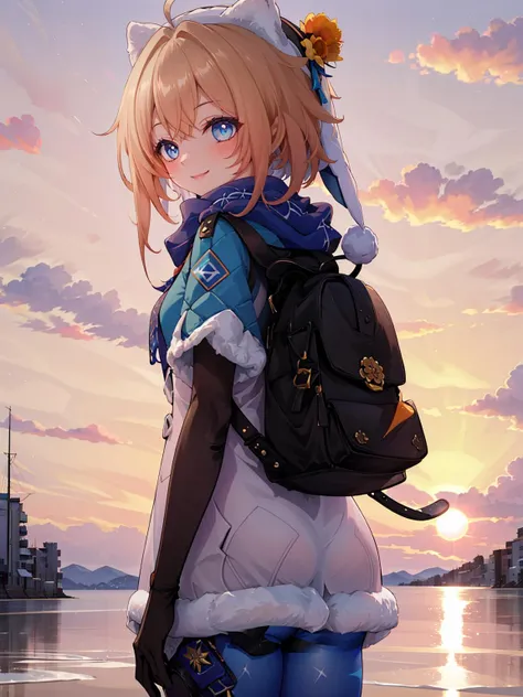 ((masterpiece,best quality)), highres, 1girl, lynx landau, white hat, blue scarf, elbow gloves, blue pantyhose, backpack, looking back, sunset, smile,