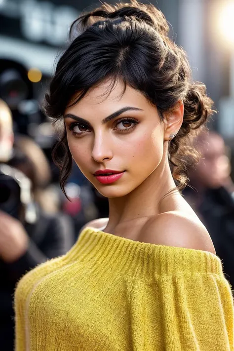 photo of beautiful (mbaccarin:0.99), a woman with beautiful hair, as a movie star in a (movie premiere), premiere gala, (near a movie theatre), natural skin texture, (sexy tight yellow sweater off-shoulder with a strap), 24mm, 4k textures, soft cinematic light, adobe lightroom, photolab, hdr, intricate, elegant, highly detailed, sharp focus, ((((cinematic look)))), soothing tones, insane details, intricate details, hyperdetailed, low contrast, soft cinematic light, exposure blend, hdr, faded, (paparazzi in background), (painted lips:1.1), ((looking at viewer:1.1))