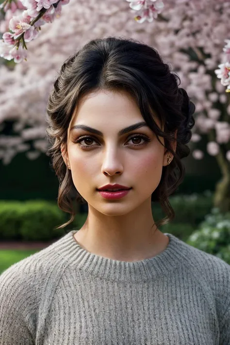 photo of beautiful (mbaccarin:0.99), a woman with beautiful hair, hair upsweep updo, as a seductive housemaid in a (lush garden), (cherry trees), natural skin texture, (tight sweater), 24mm, 4k textures, soft cinematic light, adobe lightroom, photolab, hdr, intricate, elegant, highly detailed, sharp focus, ((((cinematic look)))), soothing tones, insane details, intricate details, hyperdetailed, low contrast, soft cinematic light, exposure blend, hdr, faded, (painted lips:1.1), ((looking at viewer:1.1)), (closeup portrait)