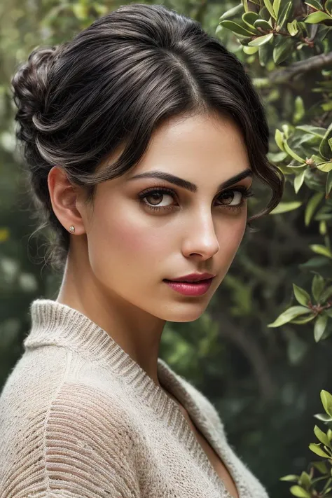 photo of beautiful (mbaccarin:0.99), a woman with beautiful hair, hair upsweep updo, as a seductive housemaid in a (lush garden), (lemon trees), natural skin texture, (tight sweater), 24mm, 4k textures, soft cinematic light, adobe lightroom, photolab, hdr, intricate, elegant, highly detailed, sharp focus, ((((cinematic look)))), soothing tones, insane details, intricate details, hyperdetailed, low contrast, soft cinematic light, exposure blend, hdr, faded, (painted lips:1.1), ((looking at viewer:1.1)), (closeup portrait)