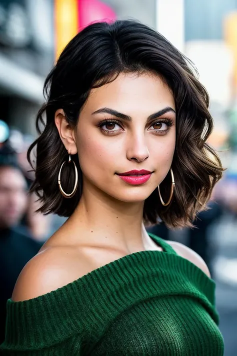 photo of beautiful (mbaccarin:0.99), a woman with beautiful short hair, as a movie star in a (movie premiere), premiere gala, (near a movie theatre), natural skin texture, (sexy tight green sweater off-shoulder with a strap), 24mm, 4k textures, soft cinematic light, adobe lightroom, photolab, hdr, intricate, elegant, highly detailed, sharp focus, ((((cinematic look)))), soothing tones, insane details, intricate details, hyperdetailed, low contrast, soft cinematic light, exposure blend, hdr, faded, (paparazzi in background), (painted lips:1.1), ((looking at viewer:1.1)), (hoop earrings)