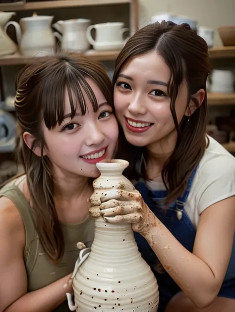 masterpiece, photorealistic, masterpiece, photo, best quality, ultra detailed, coopfellatio, 1boy,2girls, pottery class, pottery wheel, (mud:1.2), tall vase, handjob, messy, watery clay, laughing <lora:CoopFellatio:1>