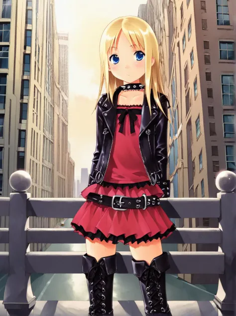 score_8_up, 1girl, solo, Ana Coppola, blonde hair, long hair, blue eyes, flat chest, city background, cowboy shot, BREAK
gothlolita fashion, elaborated detail, shirt, choker, leather jacket, spikes, lace, belts, accessories, ruffled skirt, thigh highs lace stocking, boots,
<lora:Ichigo Mashimaro_XL_PONY:1>,