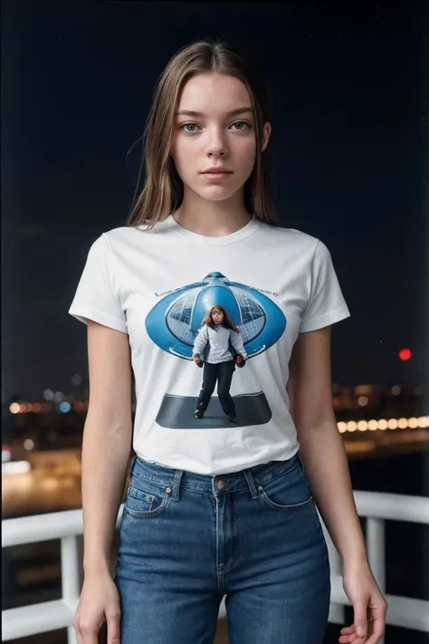 photo of Olg4K0bz4_HM-140, a woman, perfect hair, (modern photo), wearing crew neck t-shirt and jeans, 20mm medium telephoto (analog, cinematic, film grain:1.3), Alien Spaceship, Advanced spaceship with pulsating walls, glowing symbols, and incomprehensible tech., detailed eyes, professional pose, (epiCPhoto), (looking at viewer:1.1), (cinematic shot:1.3), (loop style lighting), OverallDetail, SkinHairDetail