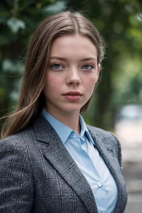 photo of Olg4K0bz4_HM-140, a woman, perfect hair, (modern photo), wearing blazer, button-up, slacks, 35mm short telephoto (analog, cinematic, film grain:1.3), Energy Harvesting Facility, Complex harnessing energy from solar, wind, and advanced fusion reactors., detailed eyes, professional pose, (epiCPhoto), (looking at viewer:1.1), (cinematic shot:1.3), (butterfly style lighting), OverallDetail, SkinHairDetail