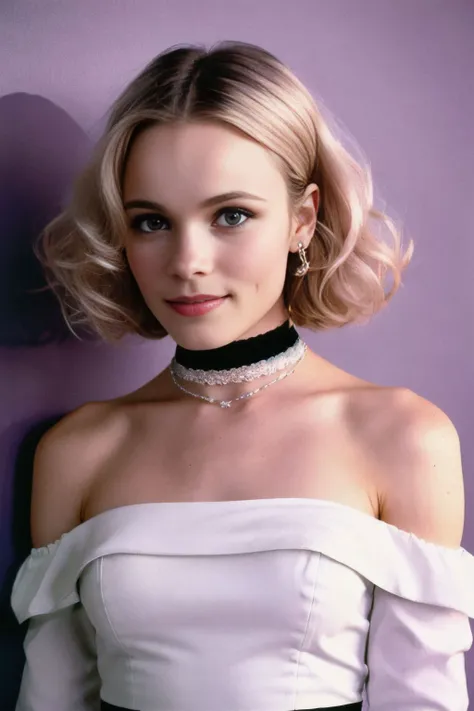 black background, <lora:RMcadamsFawziLoRA:1> RMcadamsFawziLoRA , short hair, (blonde:1.3), choker, see through off shoulder, seductive, night, bokeh, depth of field, (upper body:1.0), best quality, intricate details, detailed eyes, masterpiece, film grain, 1980s, kodachrome