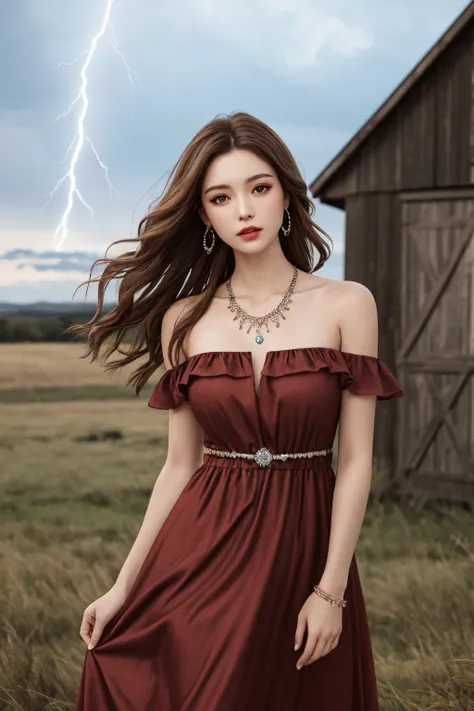Best quality, masterpiece, photorealistic:1.27, ultra high res, 8K raw photo, 1girl, dress, solo, long hair, brown hair, wavy hair, colorfull dress, bare shoulders, outdoors, abandoned barn, standing, dynamic pose, jewelry, earrings, necklace, head tilt, looking at viewer, detailed texture, rim lightning, cowboy shot