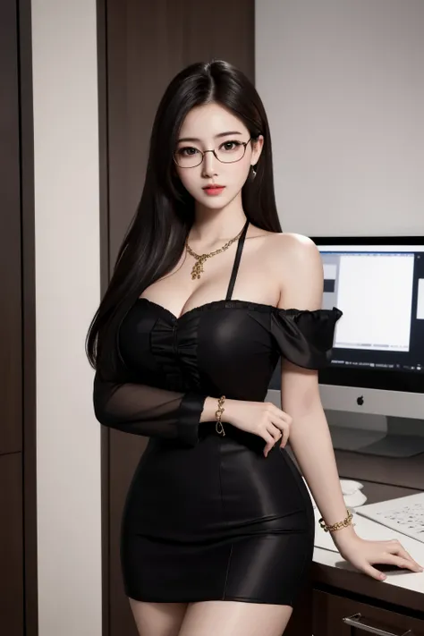 Best quality, masterpiece, photorealistic:1.37, ultra high res, 8K raw photo, 1girl, 19 years old, korean, glasses, beautifull face, beautifull eyes, long hair, black hair, medium breast, secretary outfit, (erotic pose:1.3), seductive, bracelet, jewelry, looking at viewer, in the office, high detailed skin, pore, detailed background, 8k uhd, dslr