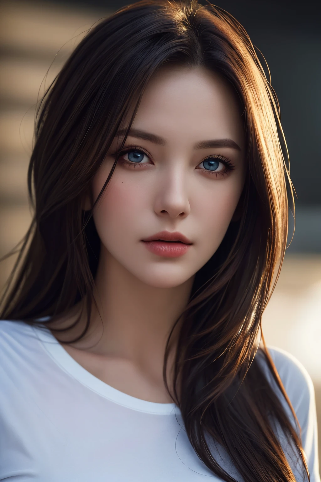 Best quality, masterpiece, ultra high res, (photorealistic:1.37), raw photo, 1girl, long hair, beautifull eyes, beautifull face, detailed eyes and face, t-shirt, dynamic lighting, in the dark, deep shadow, low key, cowboy shot