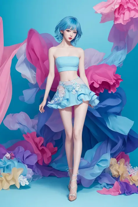 1girl,fractal art,colorfull background,full body,( long legs:1.4),,(thin legs:1.2),(thin hip:1.2),thin waist,(hight heels),blue eyes,colorful background,pureerosface_v1,(blue hair:1.2),full body,,tight mini skirt,nude,