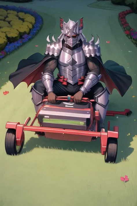 (masterpiece, top quality, best quality, beautiful, and aesthetic:1.2) berserk3r, 1boy, low wings, black cape, mowing a lawn with a ridable mower<lora:berserk4-000010:.9>