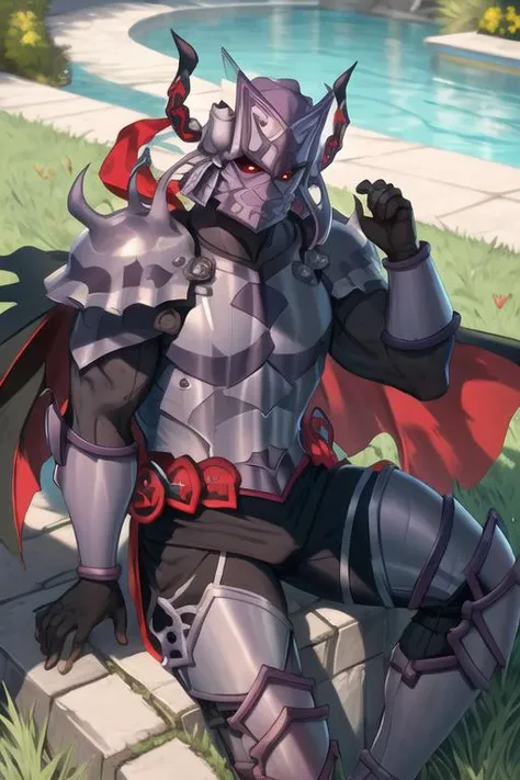 (masterpiece, top quality, best quality, beautiful, and aesthetic:1.2) berserk3r, 1boy, male focus, full body, low wings, black cape, relaxing by the poolside, sunny day, grass <lora:berserk4-000010:1>