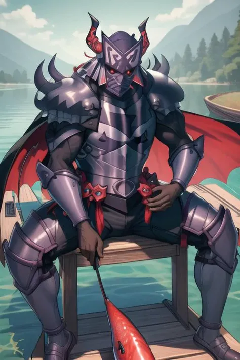(masterpiece, top quality, best quality, beautiful, and aesthetic:1.2) berserk3r, 1boy, male focus, full body, low wings, black cape, fishing on a boat at the lake <lora:berserk4-000010:.9>