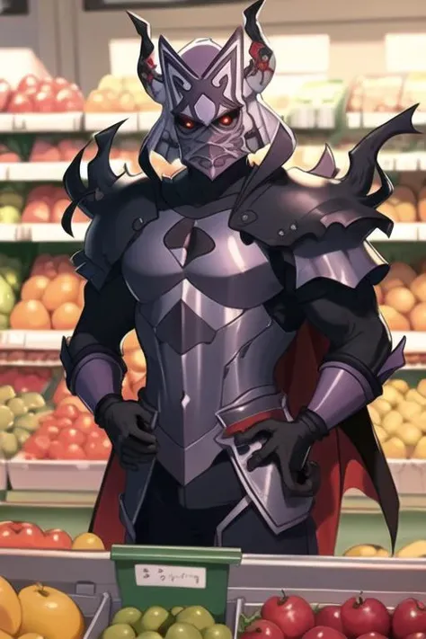 (masterpiece, top quality, best quality, beautiful, and aesthetic:1.2) berserk3r, 1boy, low wings, black cape, at the fruit aisle at the grocery store <lora:berserk4-000010:.9>