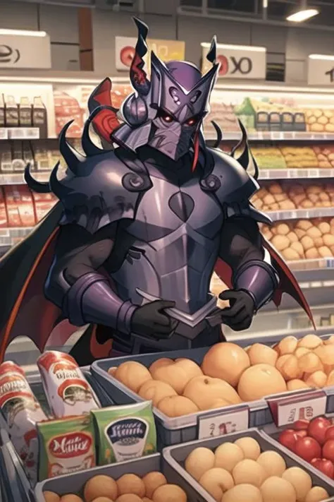 (masterpiece, top quality, best quality, beautiful, and aesthetic:1.2) berserk3r, 1boy, low wings, black cape, at the checkout in a grocery store <lora:berserk4-000010:.9>