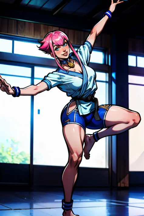 manon,short pink hair with long locks, blue eyes, blue bodysuit, blue shorts, white karate gi, wristband, choker, barefoot, black belt, looking at viewer, smiling, dancing, inside, barre, bright lighting, high quality, masterpiece, <lora:manon:.8>
