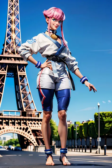 manon,short pink hair with long locks, blue eyes, blue bodysuit, tight shorts, white karate gi, wristband, choker, barefoot, black belt, looking at viewer, smiling, full body shot, standing, outside, paris, eiffel tower, blue sky, high quality, masterpiece, <lora:manon:.8>
