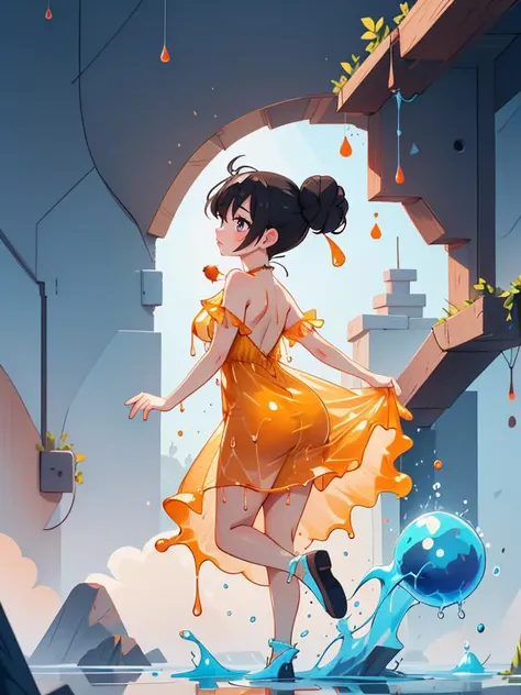 beautiful woman wearing a Apricot (liquid dress),<lora:liquid_dress-1.0:0.8>, Leaping, 
8k, masterpiece, highly detailed, solo,
Neptune,
Low Angle, from behind, [full body],
hungry,
Twisted Bun,
Black hair,