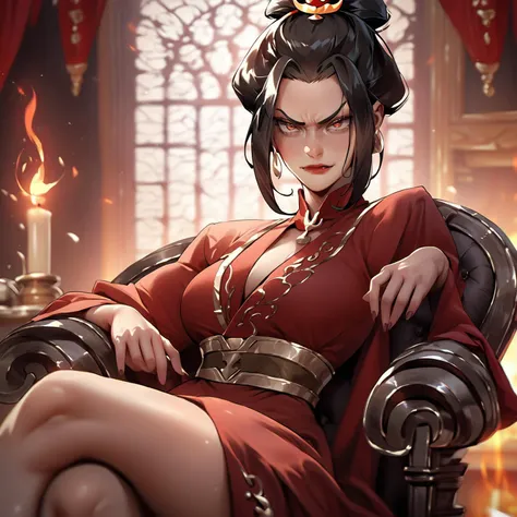 score_9, score_8_up, score_7_up, score_6_up, score_5_up, score_4_up, source_anime ,   ,,azula, black hair, hair ornament  sitting in chair in a dimly lit room by a fireplace      ,  large breasts ,   ,athletic body ,  crossed  legs  ,   <lora:xl_kelala_pony_ceshi(pony):1>