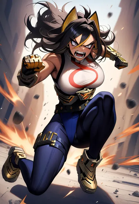 masterpiece, best quality, very aesthetic, absurdres, full body view, 1girl,dehya, white leotard, blue leotard, crescent print, highleg, turtleneck, sleeveless, gloves, blue thighhighs, muscular, smashing rocks with her fists, angry expression, shouting