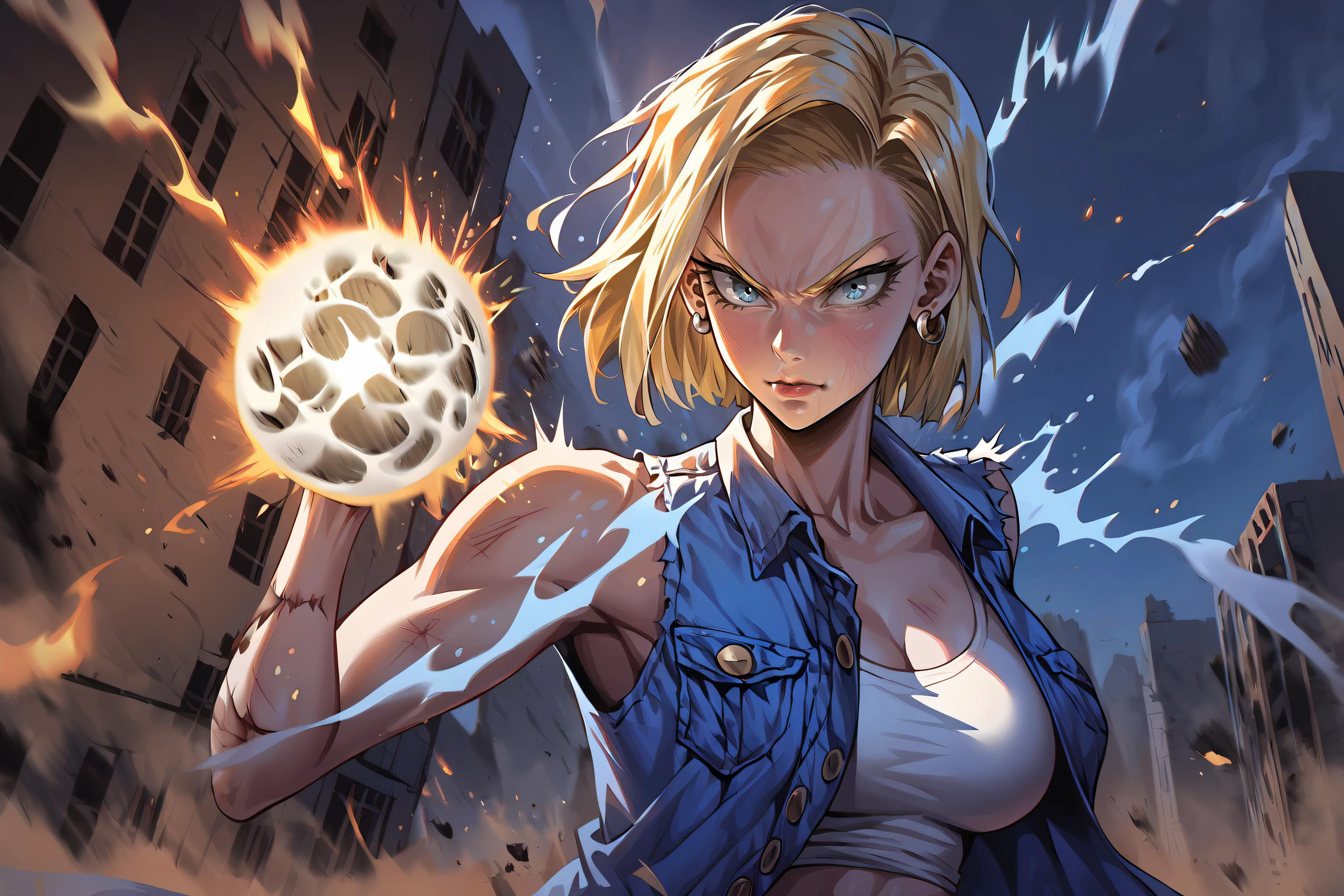 score_9, score_8_up, feral pony, show accurate,
<lora:xl_kelala_pony_ceshi(pony):1>, Korean style,
woman as android 18 sitting on the cloud, blonde hair, short hair, looking at viewer,
(protruding upper circumference:2), large breasts:2, sagging breasts, very long eyelashes, closed mouth,
blue eyes, fierce eyes, upturned eyes, v-shaped eyebrows, serious, angry, earrings, black high heels, dirty face, dirty skin,
tight, blue top, shirt, open denim_jacket, denim_skirt, gauze, ((wounded, body wounds)),
outdoors, cinematic angle, cinematic lighting, cloud, moon, night sky, shooting star, white panties,
flying rubble, broken, splashing gravel, terrifying power, destruction,flying rubble, outdoors, broken, splashing gravel, terrifying power, destruction, motion lines, speed lines,